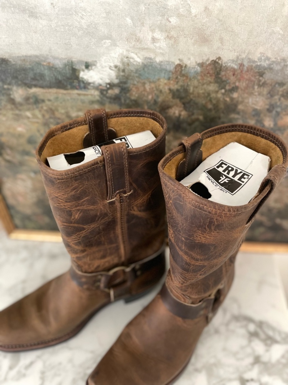 Frye 12R Harness Boots 77300 Brown Distressed Leather USA Size 10 M Womens - Picture 12 of 14